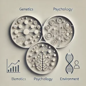 "Immagine concettuale che rappresenta i tre pilastri del modello biopsicosociale, con elementi astratti che simboleggiano fattori biologici, psicologici e sociali interconnessi."