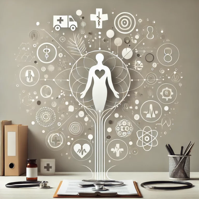 "Immagine concettuale che rappresenta le applicazioni del modello biopsicosociale nella pratica clinica, con simboli di assistenza medica, supporto psicologico e integrazione sociale."